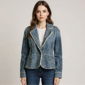 Michael Kors Distressed Blue Denim Blazer Jacket